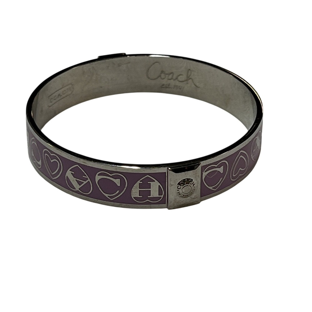 Coach Bangle Bracelet Purple Enamel Heart Logo Silver Tone Hinge Clasp Round